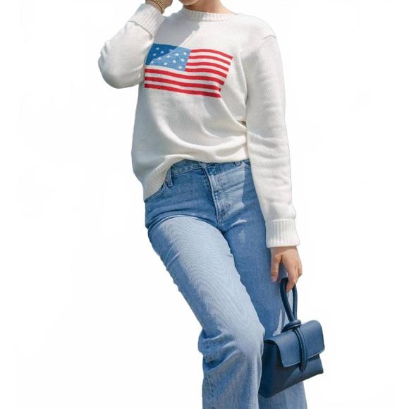 NEW ELLSWORTH + IVEY american flag classic crewneck sweater in ivory - Picture 1 of 2